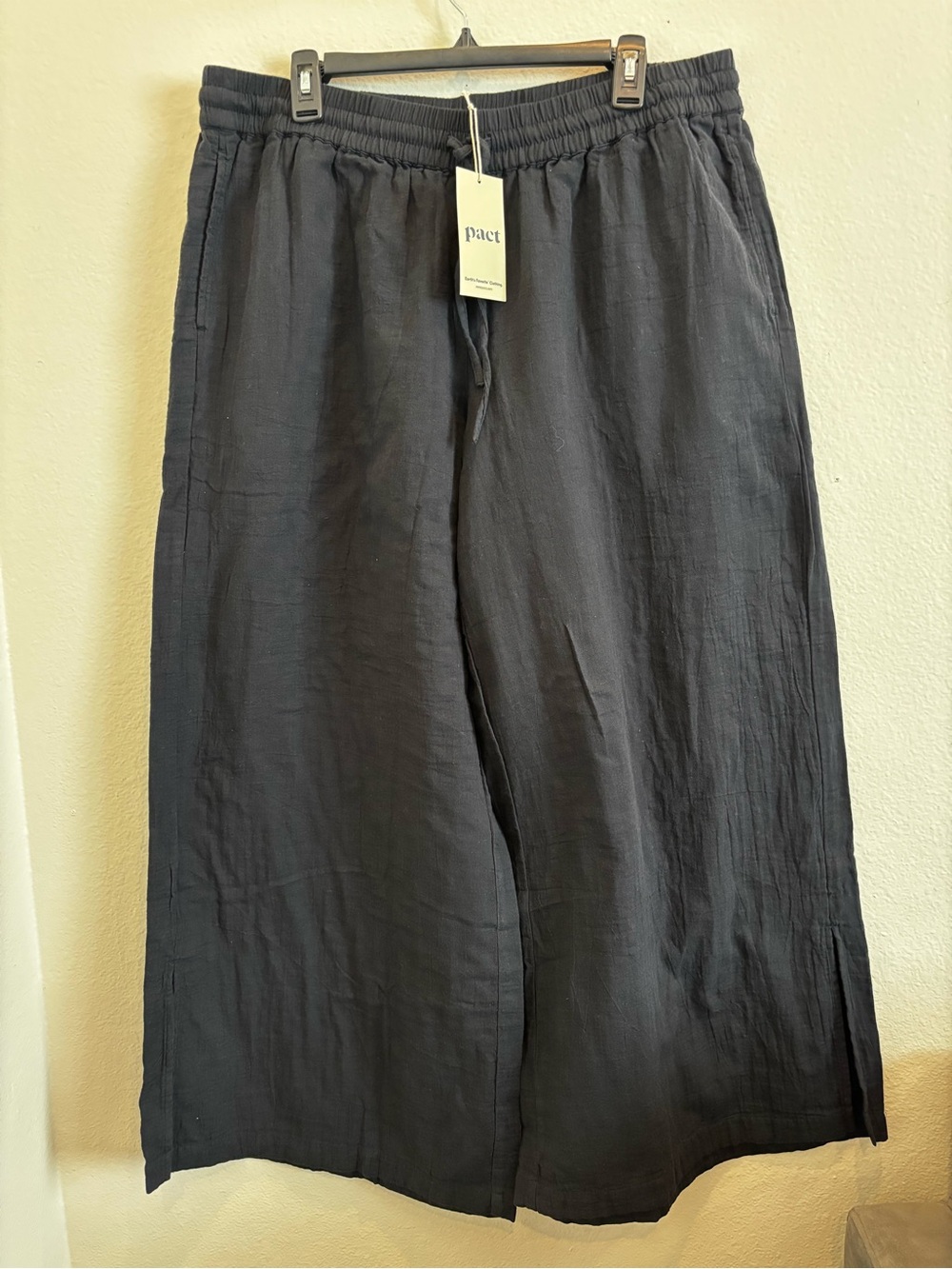 Pact Black Wide Leg Pull On Pants XL Drawstring Side Slit NWT